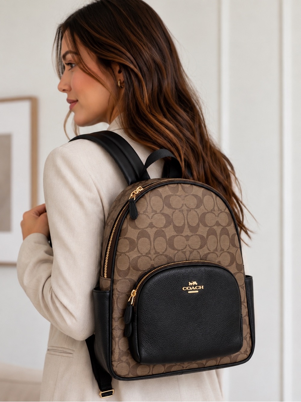 COACH Signature Canvas and Leather Backpack in Brown/Black
